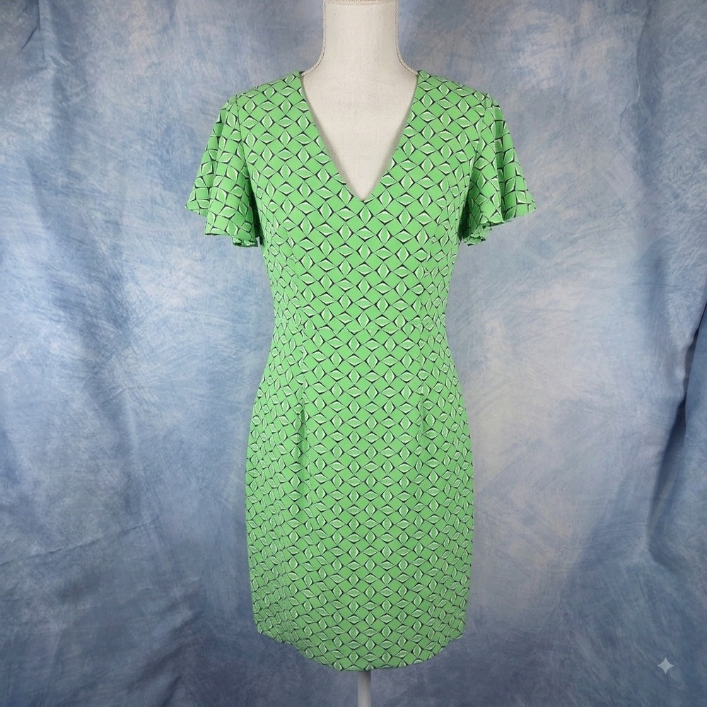 Anonyme Designers Green Geometric Diamond V-Neck Flutter Sleeve Sheath Dress S